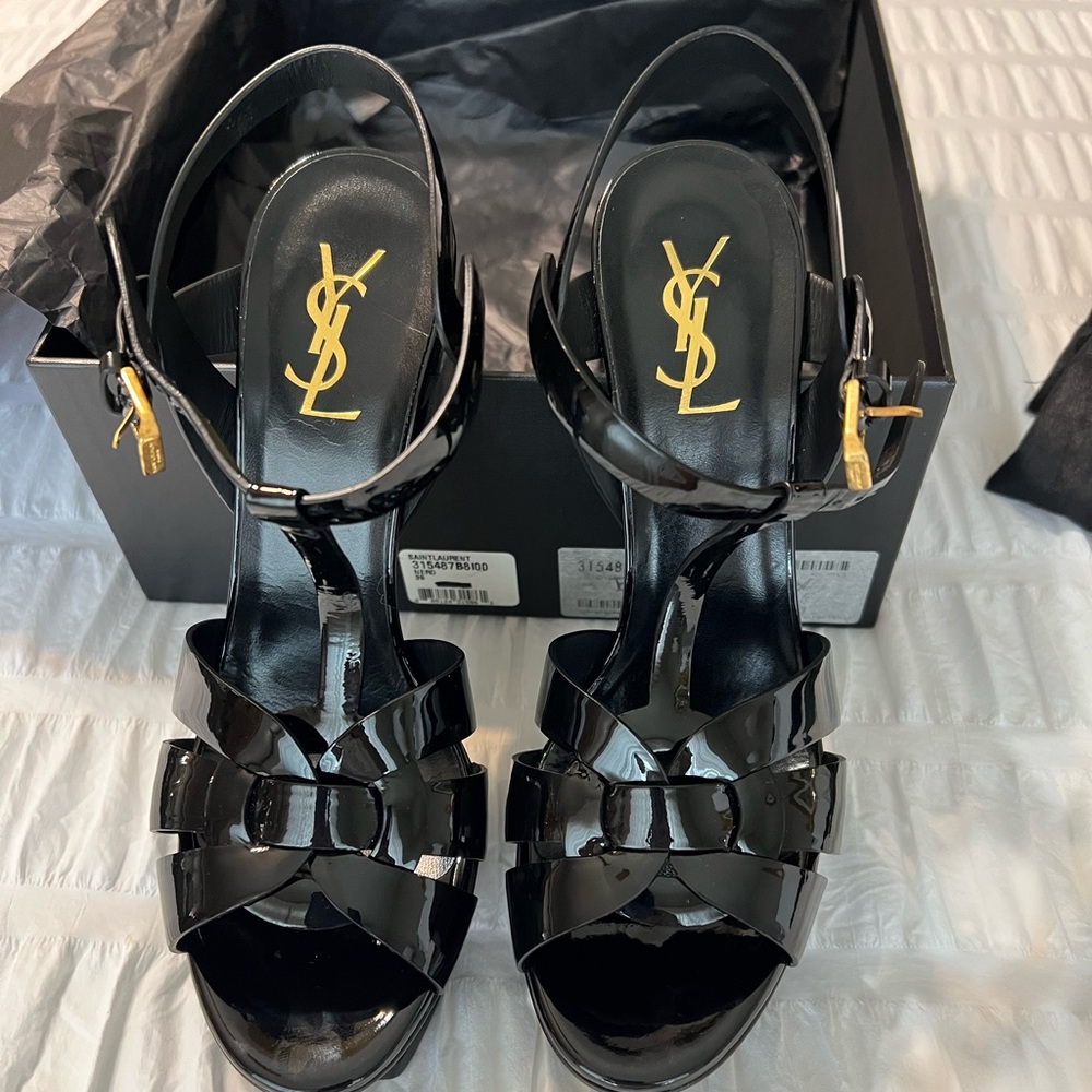 Saint Laurent patent leather Tribute sandal, gold hardware.